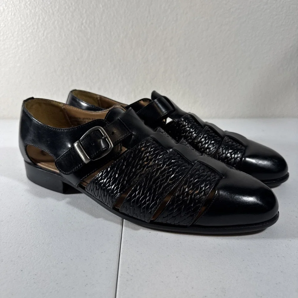 Vintage Stacy Adams Comfort Flex Men 13 M Black Leather Woven Fisherman Sandals